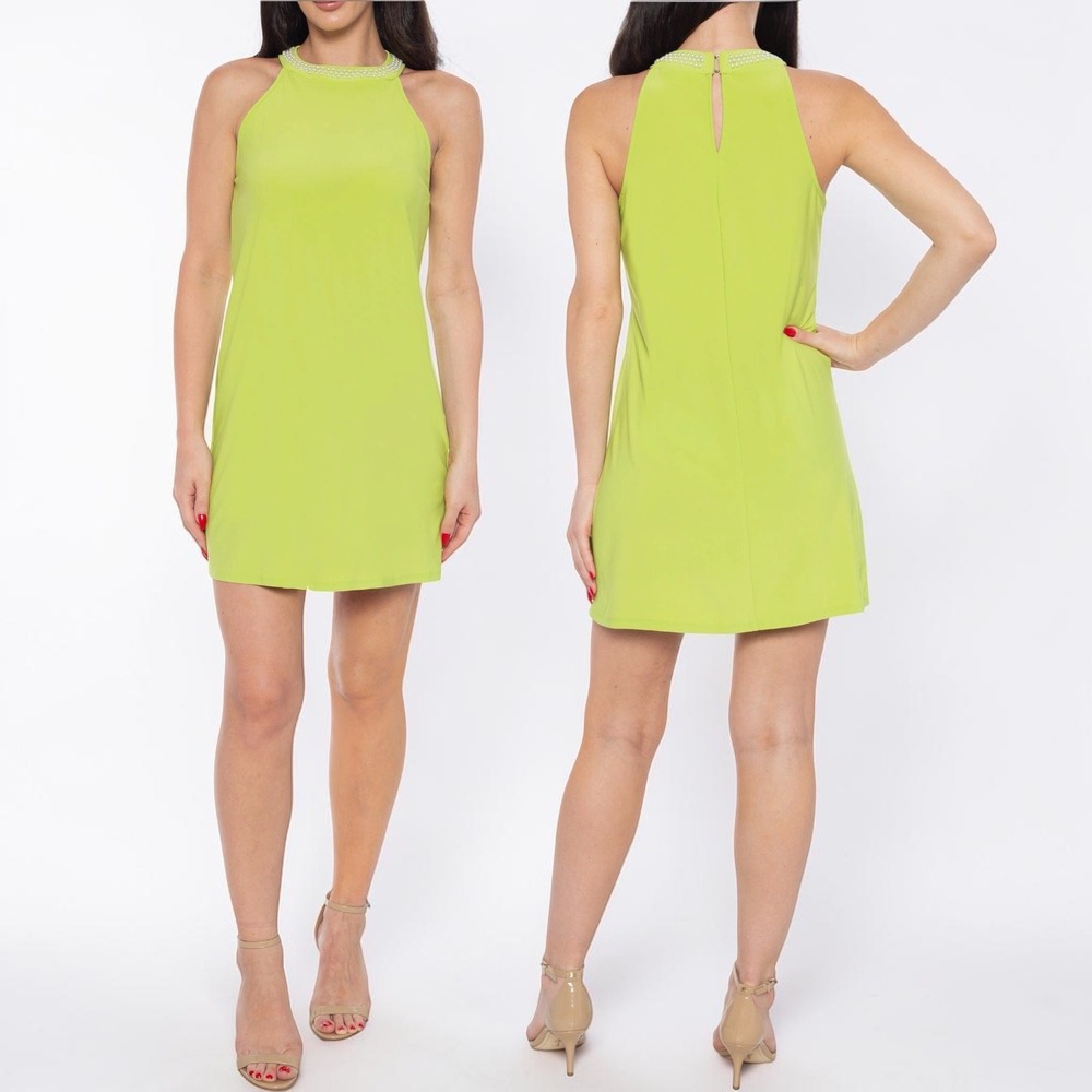 Tash + Sophie Imitation Pearl A-Line Halter Mini Dress Chartreuse Size XL NEW